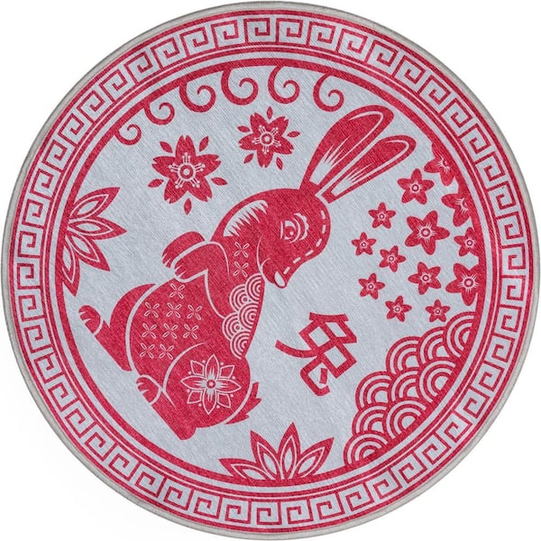 Apollo Chinese Calendar Novelty Lunar New Year Red 7 ft. 10 in. x 7 ft. 10 in. Round Area Rug