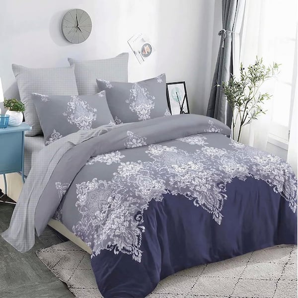 3 Piece Queen Comforter Microfiber Bedding Set White Flower Pattern-Navy