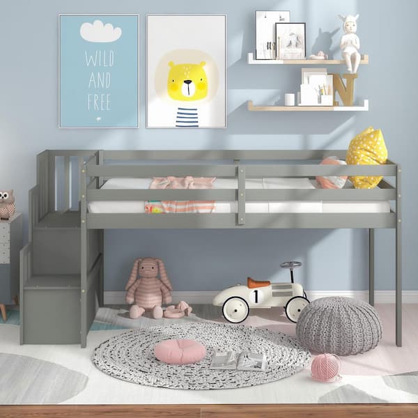 Brooke Minimalistic Grey Wood Frame Twin Size Loft Bed, Kids Bed with 2 Storage Steps, Guardrails