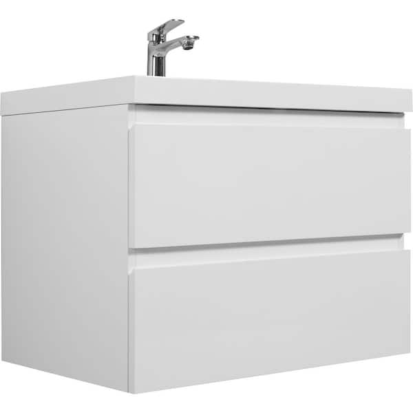 GDFSTUDIO Oasis 29.5 in. Modern Floating Glossy White Bath Vanity with White Resin Top, Drawers, MDF