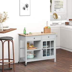 Grey Kitchen Island Cart with Rubberwood Surface, 2-Cabinets and Drawers