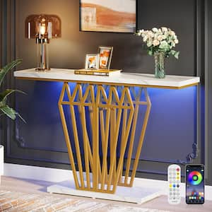 Turrella 47.24 in. Gold and White Rectangle MDF Console Table Entryway Table with LED Lights and Geometric Base