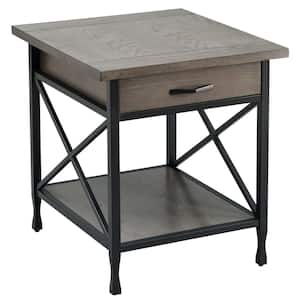 22 in. W x 24 in. H X Design Mixed Wood and Metal Drawer End Table in Smoke Gray