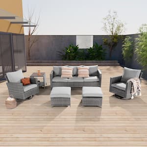 6-Piece Gray Wicker Outdoor Seating Sofa Set with Swivel Rocking Chairs, Linen Grey Cushion