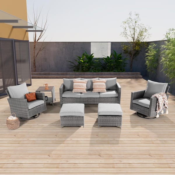 JOYESERY 6-Piece Gray Wicker Outdoor Seating Sofa Set with Swivel Rocking Chairs, Linen Grey Cushion
