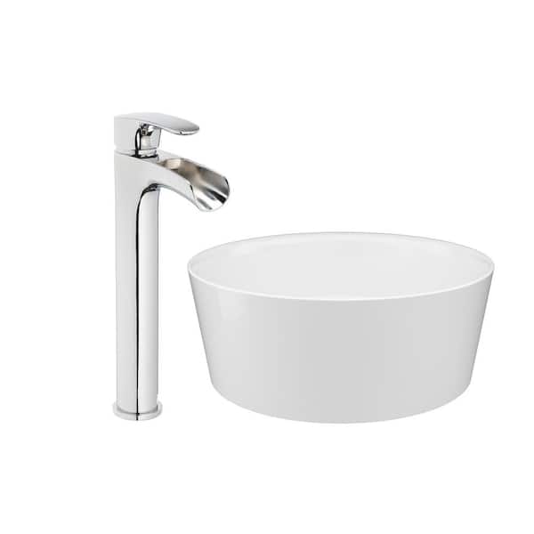 JACUZZI 15.8 in. Solid Surface Vessel Bathroom Sink Round Basin in White Gloss with Vessel Filler Faucet and Pop Drain Included