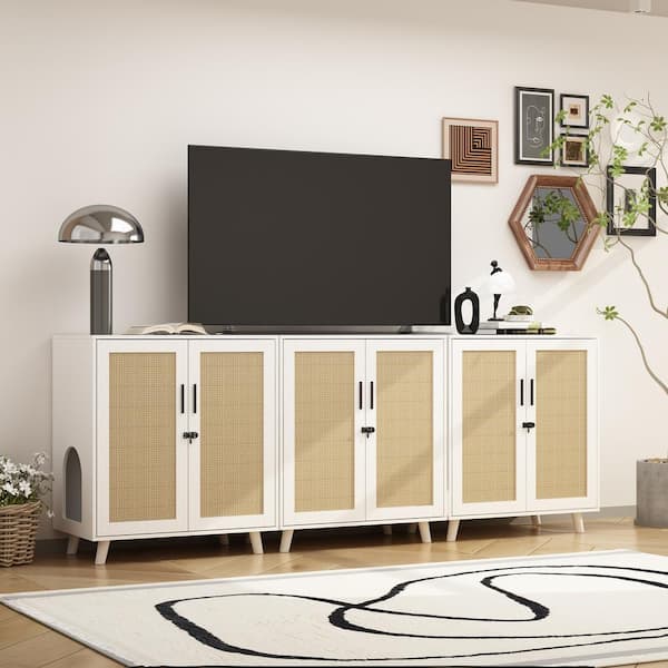 Modern Cat Litter Box Enclosure for Rooms, White Hidden Litter Box Furniture Cat Washroom Storage With Lock Sisal Door