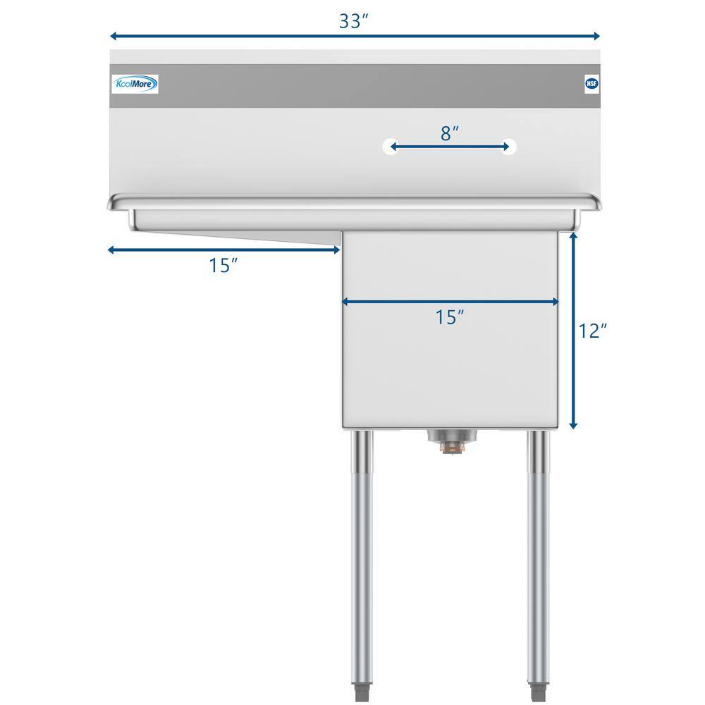 33'' Brushed Stainless Steel Wall Mount Commercial Sink with Drainboard