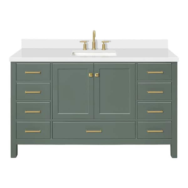 Cambridge 60 in. Single Sink Freestanding Bathroom Vanity in Vintage Sage Green with Pure White Quartz Top