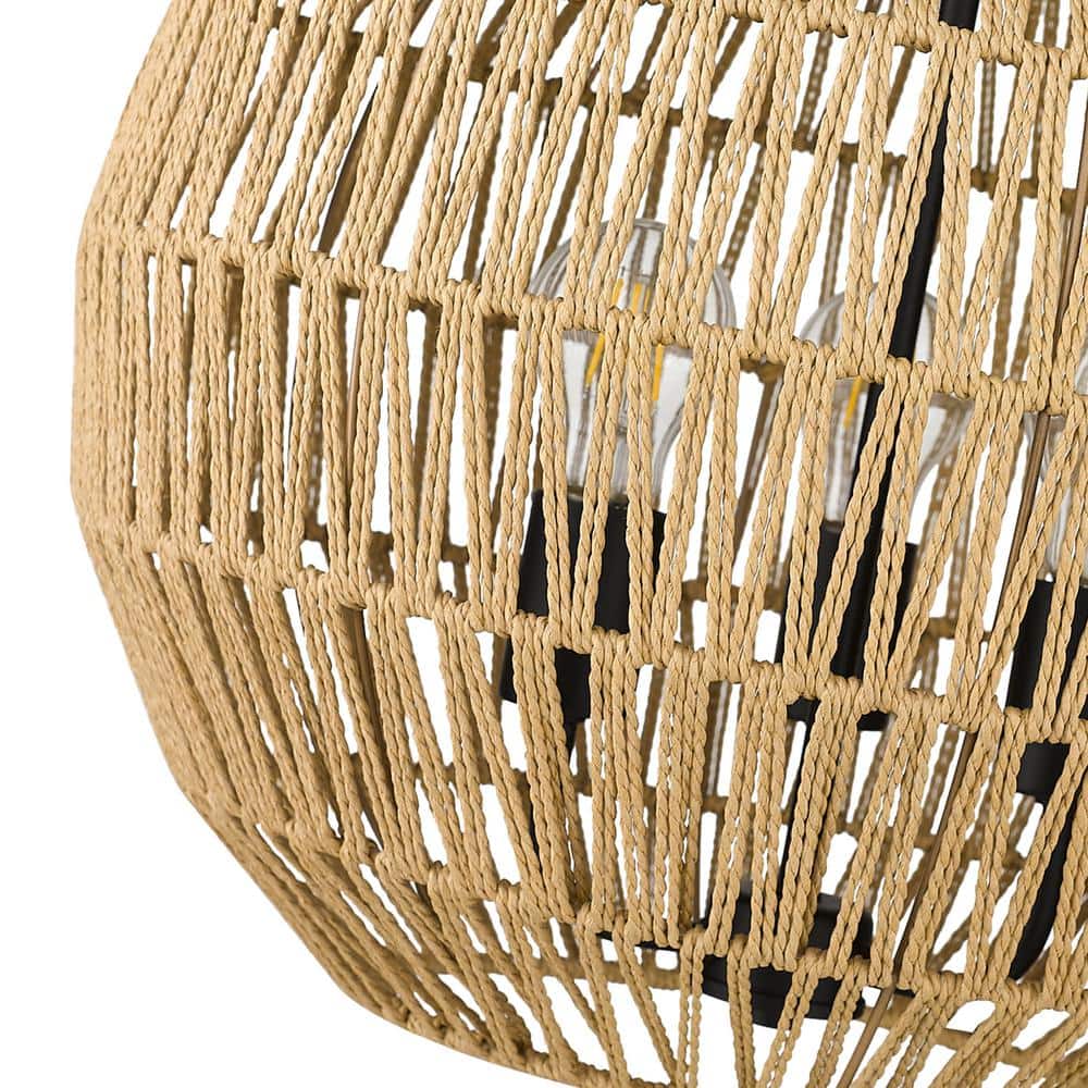 Matte Black Steel 3-Light Pendant with Natural Raphia Rope