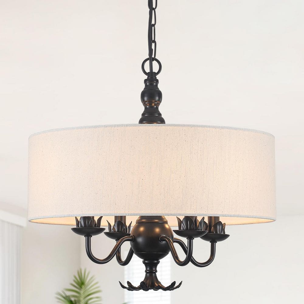 17.7 in. 4-Light Rustic Farmhouse BlackWhite Drum Chandelier for Kitchen with White Textured Linen Drum Lampshade price history on PriceWatchPro