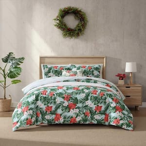 Festive Palms 3-Piece Blue/Red/White Cotton King Comforter Set