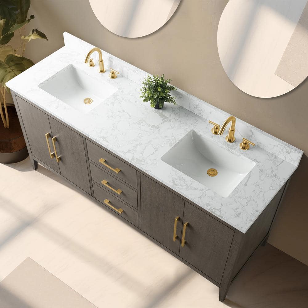 72'' Driftwood Gray Double Bathroom Vanity with Marble Top