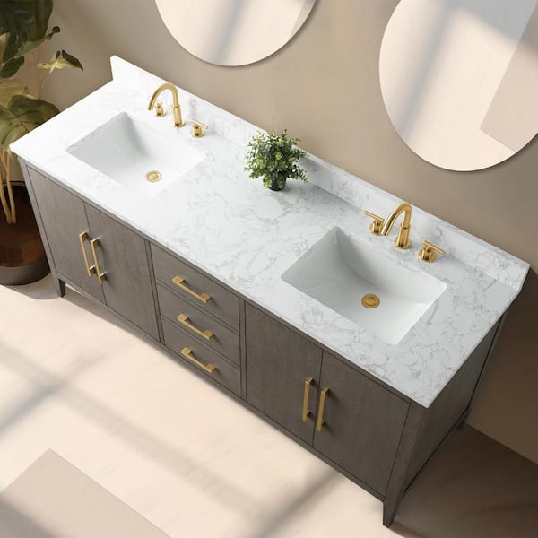 Vanity Art 72 in. W x 22 in. D x 34 in. H Double-Sink Bath Vanity Driftwood Gray with Engineered Marble Top in in Arabescato White