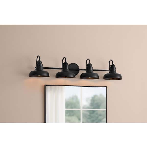 Elmcroft 38 in. 4-Light Matte Black Farmhouse Vanity with Metal Shades