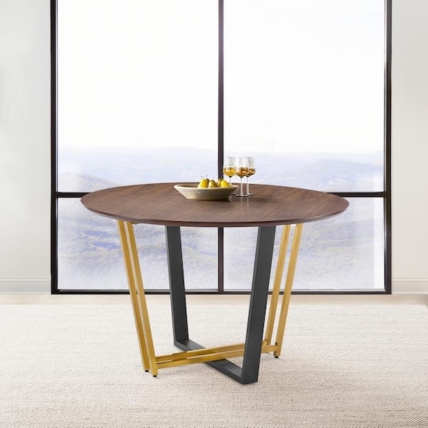 Armen Living Joana Gold and Black Wood Top 48 in. Trestle Base Dining Table Seats 4