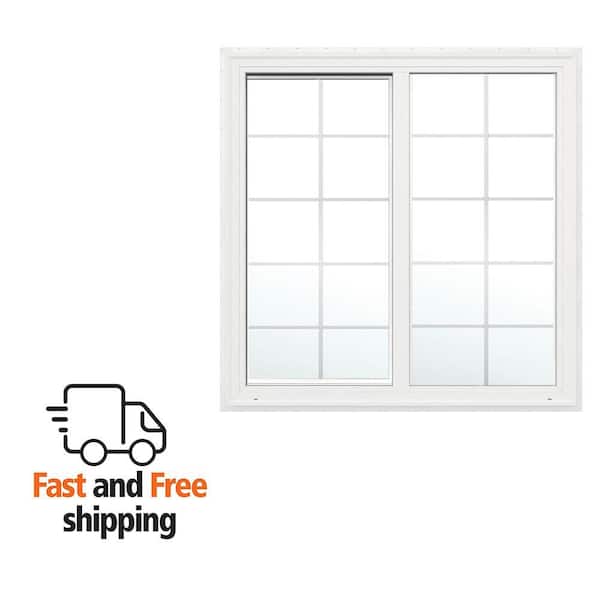 V-2500 Series 59.5 in. W x 59.5 in. H Left-Handed White Vinyl Low-E Sliding Window w/Brickmould Nail Fin Frame and Grids