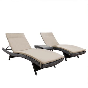 Salem Gray 3-Piece Faux Rattan Outdoor Chaise Lounge and Side Table Set with Beige Cushions