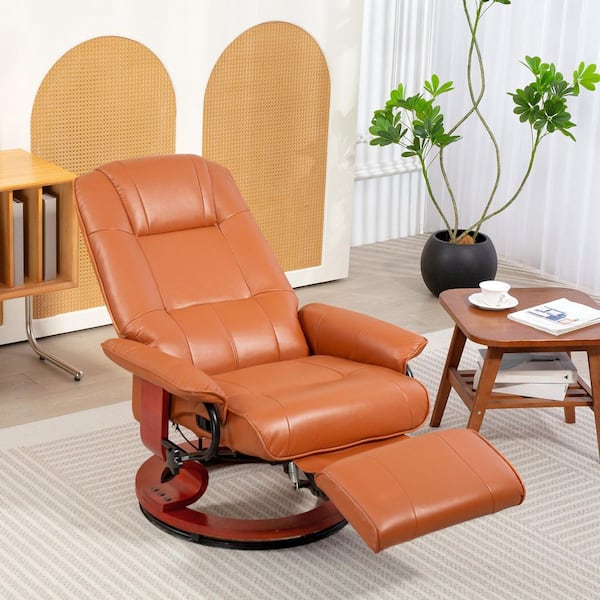 Faux Leather Manual Recliner, Adjustable Swivel Lounge Chair with Footrest and Wrapped Wood Base, Light Brown