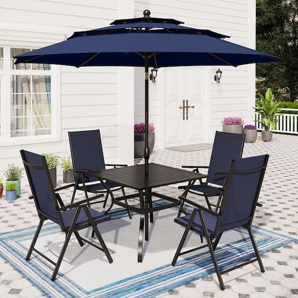 PHI VILLA Black 6-Piece Metal Patio Outdoor Dining Set with Blue Folding Reclining Sling Chairs and Navy Blue Umbrella