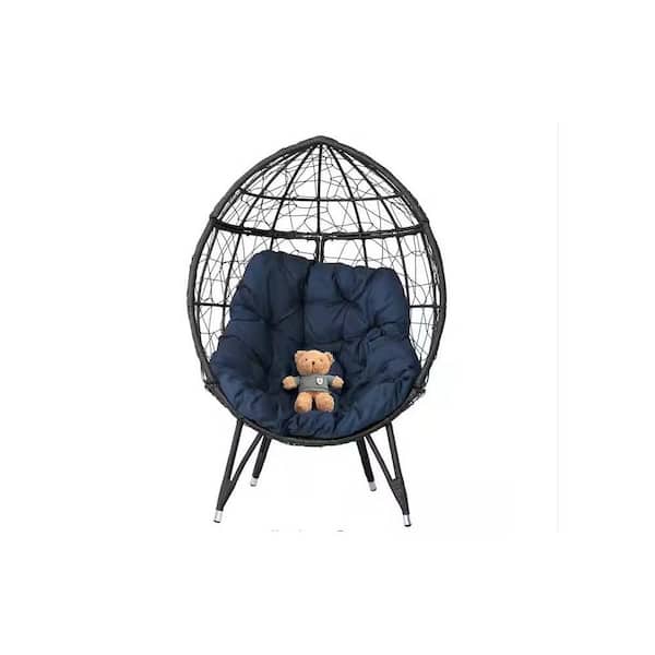 Tenleaf Gray Wicker Outdoor Lounge Chair with Blue Cushions, Stand