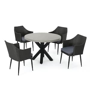 Nyla Grey and White 5-Piece Polyethylene Faux Rattan Outdoor Dining Set with Black Cushions