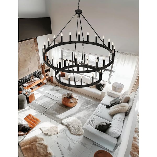 36-Light Black Chandelier 2-Tier Circle with Modern Design for Dining Room, Kitchen Island, Living Room, and Foyer