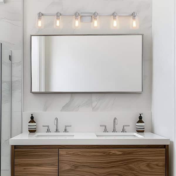 50 in. 6-Light Brushed Nickel Bathroom Vanity Light with Clear Glass Shades