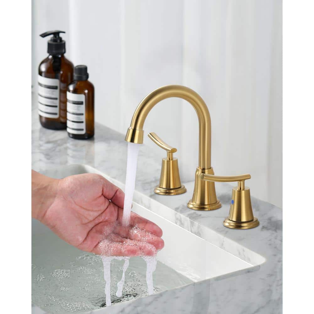 Brushed Gold Double Handle High Arc Widespread Bathroom Faucet