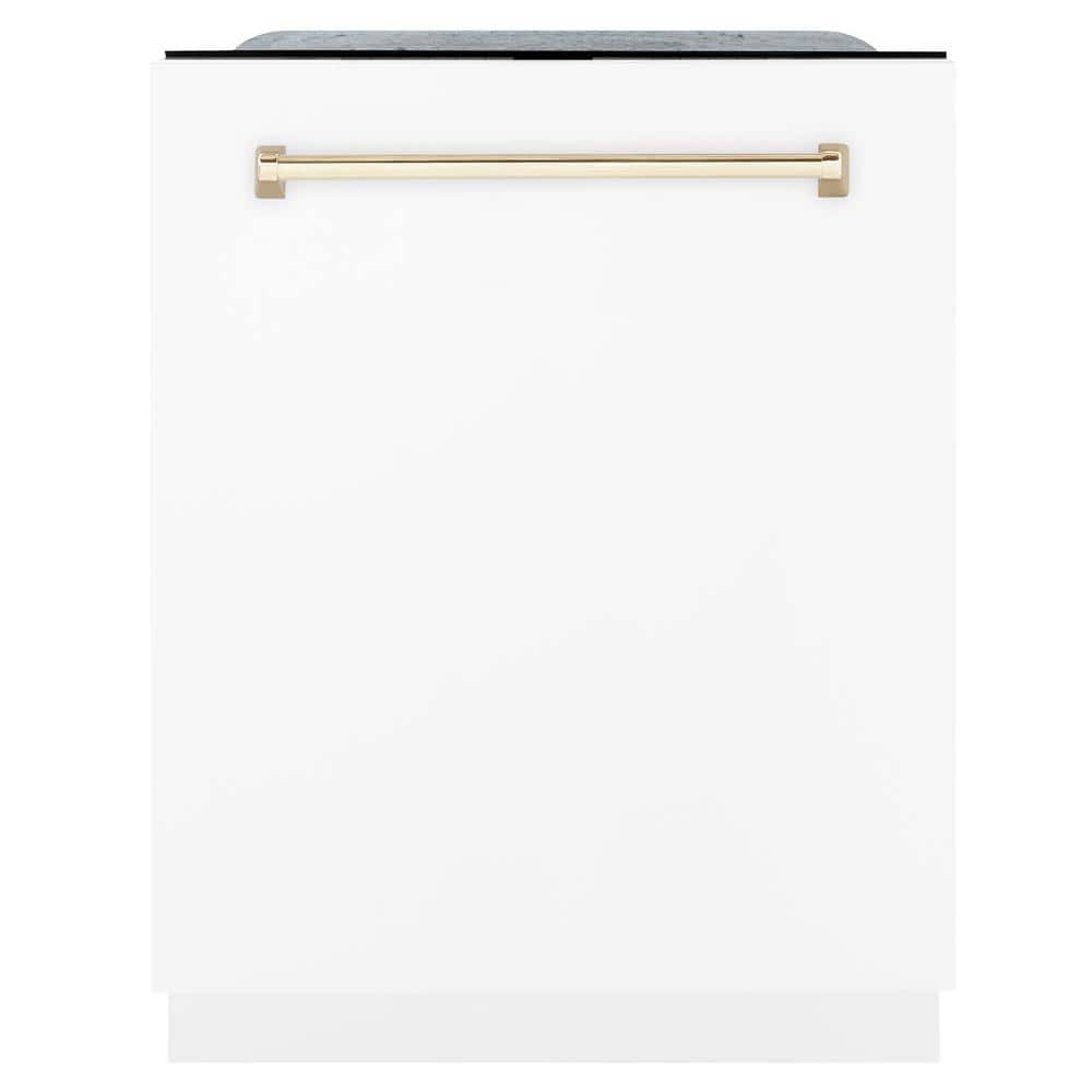 ZLINE Kitchen and Bath Autograph Edition 24 in. Top Control 6-Cycle Tall Tub Dishwasher with 3rd Rack in White Matte and Polished Gold, White Matte & Polished Gold
