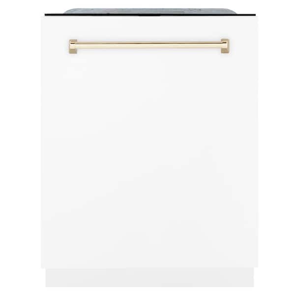 ZLINE Kitchen and Bath Autograph Edition 24 in. Top Control 6-Cycle Tall Tub Dishwasher with 3rd Rack in White Matte and Polished Gold