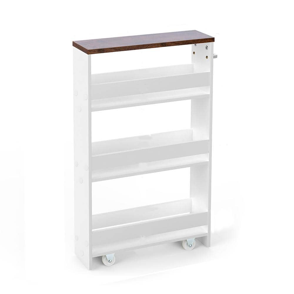 Narrow Mobile Kitchen Cart in White with Open Shelves
