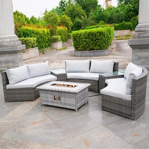 Gray 6-Piece Wicker Patio Conversation Set Rectangle Firepits with Gray Cushions