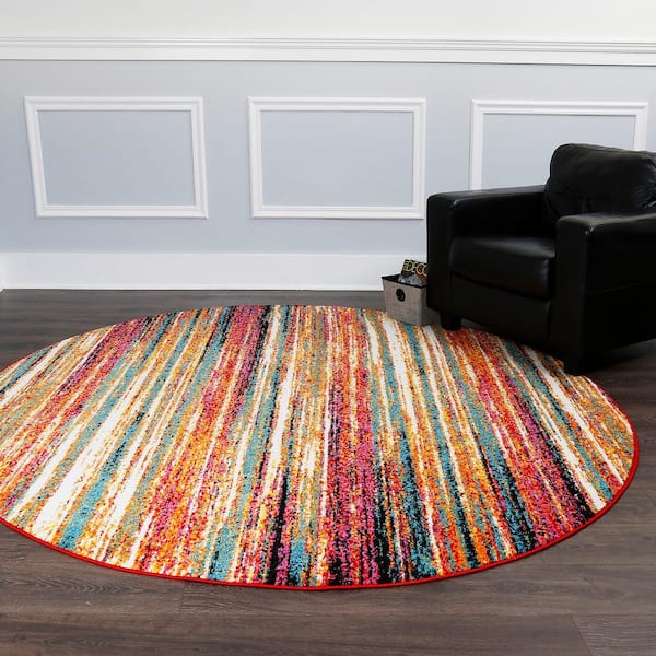 Splash Orange/Blue 8 ft. Round Striped Area Rug
