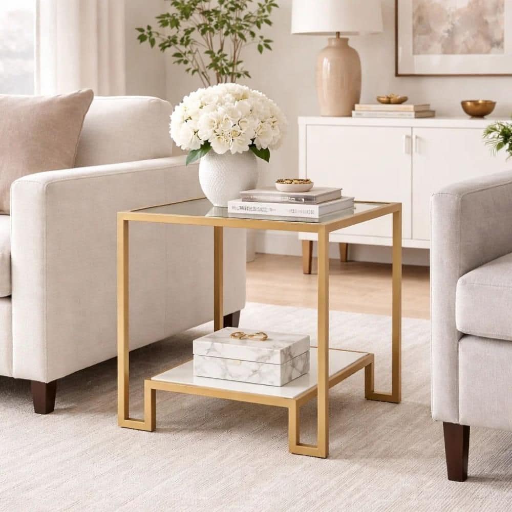 Benjara Kix 20 in. W Antique Gold Square Glass Top Side End Table