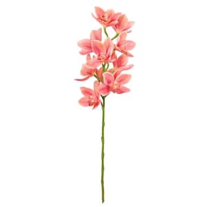 Set of 2-Large Coral Artificial Cymbidium Orchid Flower Stem Spray 31 in.