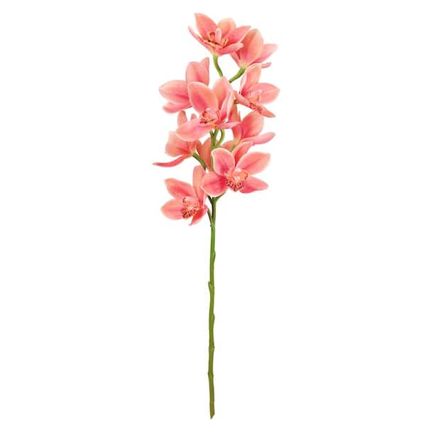 LIVING LUXURY 31 in. Large Coral Artificial Cymbidium Orchid Flower Stem Spray (Set of 2)