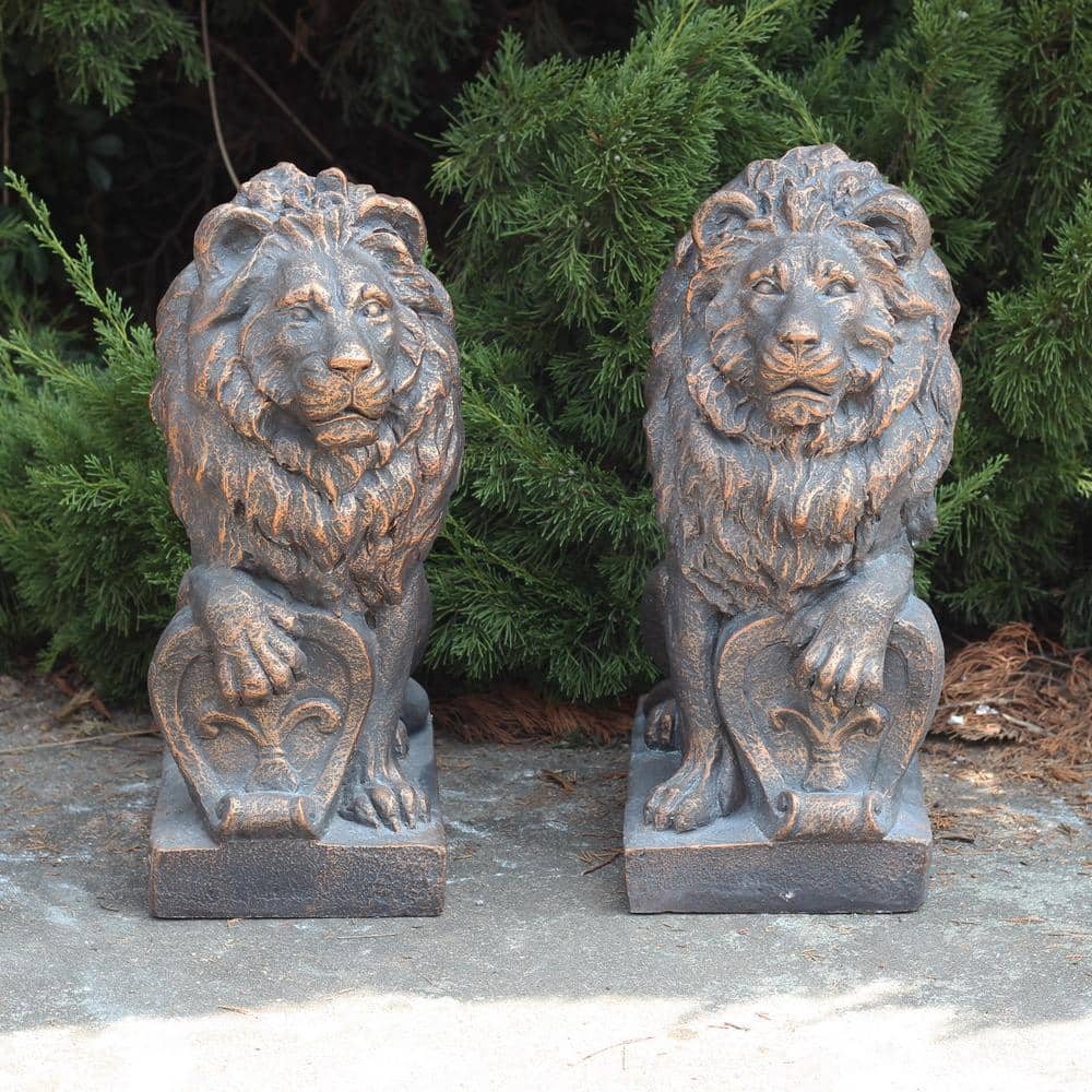 21" Tall Bronze Magnesium Guardian Lion Garden Statues, Set of 2
