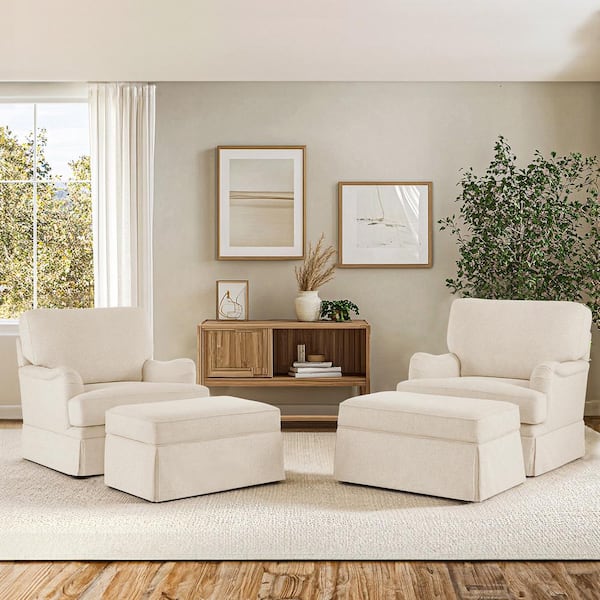 Muro 4-Piece Warm Linen Fabric Upholstered Swivel Accent Arm Chair Metal Base Barrel Sofa Chair with Storage Ottoman