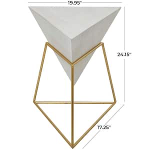 17 in. White Inverted Pyramid Geometric Large Triangle Wood End Table with Gold Metal Stand