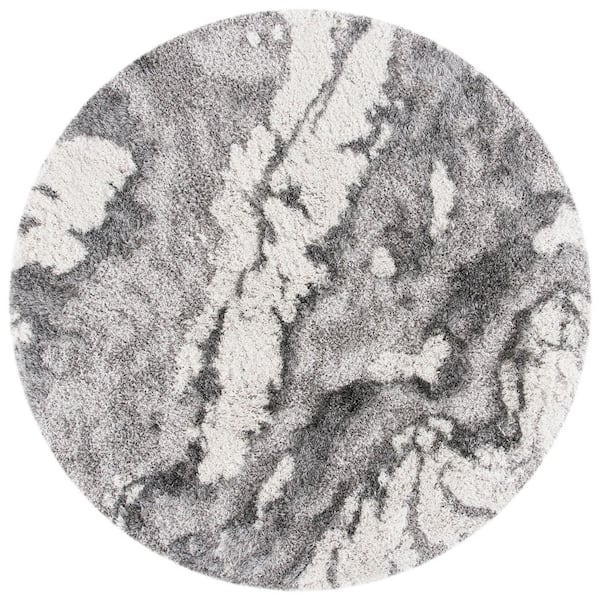 Horizon Shag 9 ft. x 9 ft. Gray/Ivory Abstract Marble Round Area Rug