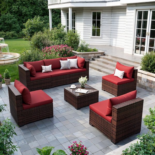 7-Piece Wicker Wine Red Cushion Patio Conversation Set with Cushions