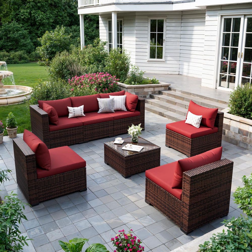 7-Piece Wicker Wine Red Cushion Patio Conversation Set with Cushions price history on PriceWatchPro