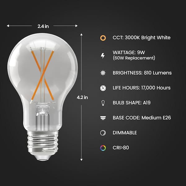 60-Watt Equivalent A19 Dimmable Filament CEC 90+ CRI Clear Glass E26 Medium LED Light Bulb, Bright White 3000K (4-Pack)