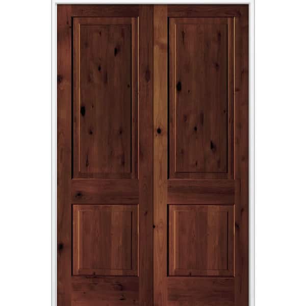 60 in. x 96 in. Rustic Knotty Alder 2-Panel Both Active Solid Core BEHR Red Mahogany Stain Double Prehung Interior Door