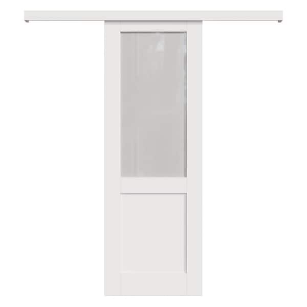 18 in. x 80 in. Hidden Track 1/2 Lite Glass White Primed MDF Sliding Barn Door with Hardware Kit and Pantry Sticker