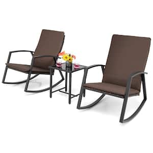 3-Piece Rattan Bistro Rocking Chair Set Patio Furniture Set w/Brown Cushions