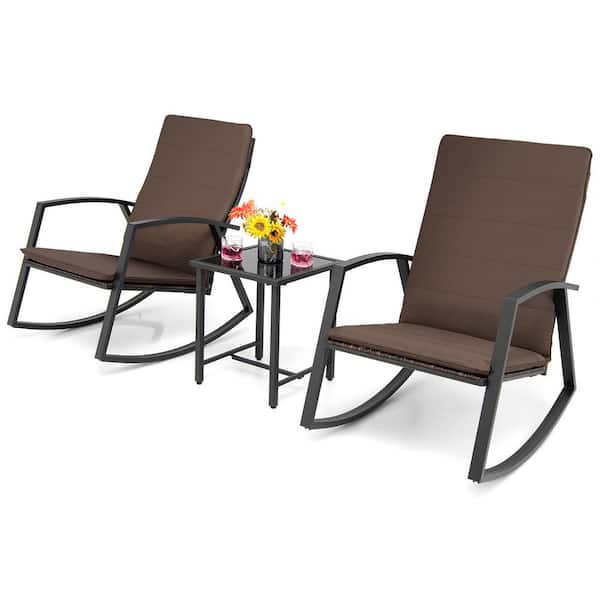 Gymax 3-Piece Rattan Bistro Rocking Chair Set Patio Furniture Set w/Brown Cushions