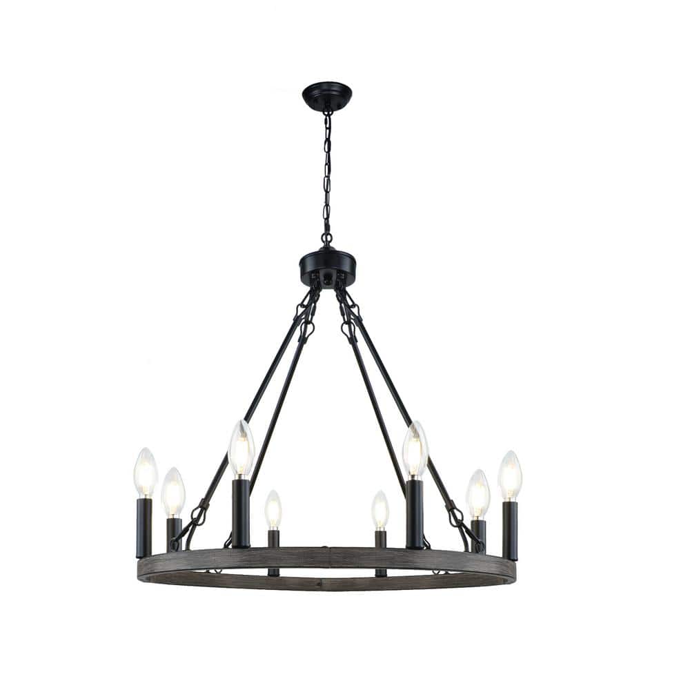 8-Light Modern Farmhouse Black Faux Wood Metal Wagon Wheel Chandelier 23.6 