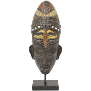5 in. x 18 in. Brown Polystone Primitive African Mask Sculpture